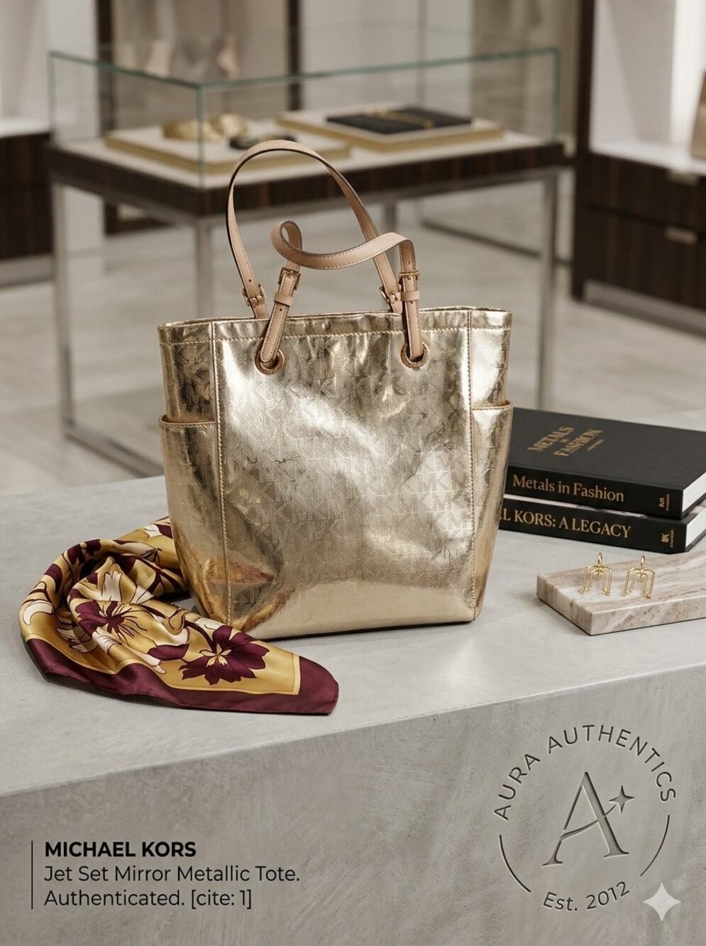 Michael Kors Jet Set Signature Mirror Metallic Gold Tote